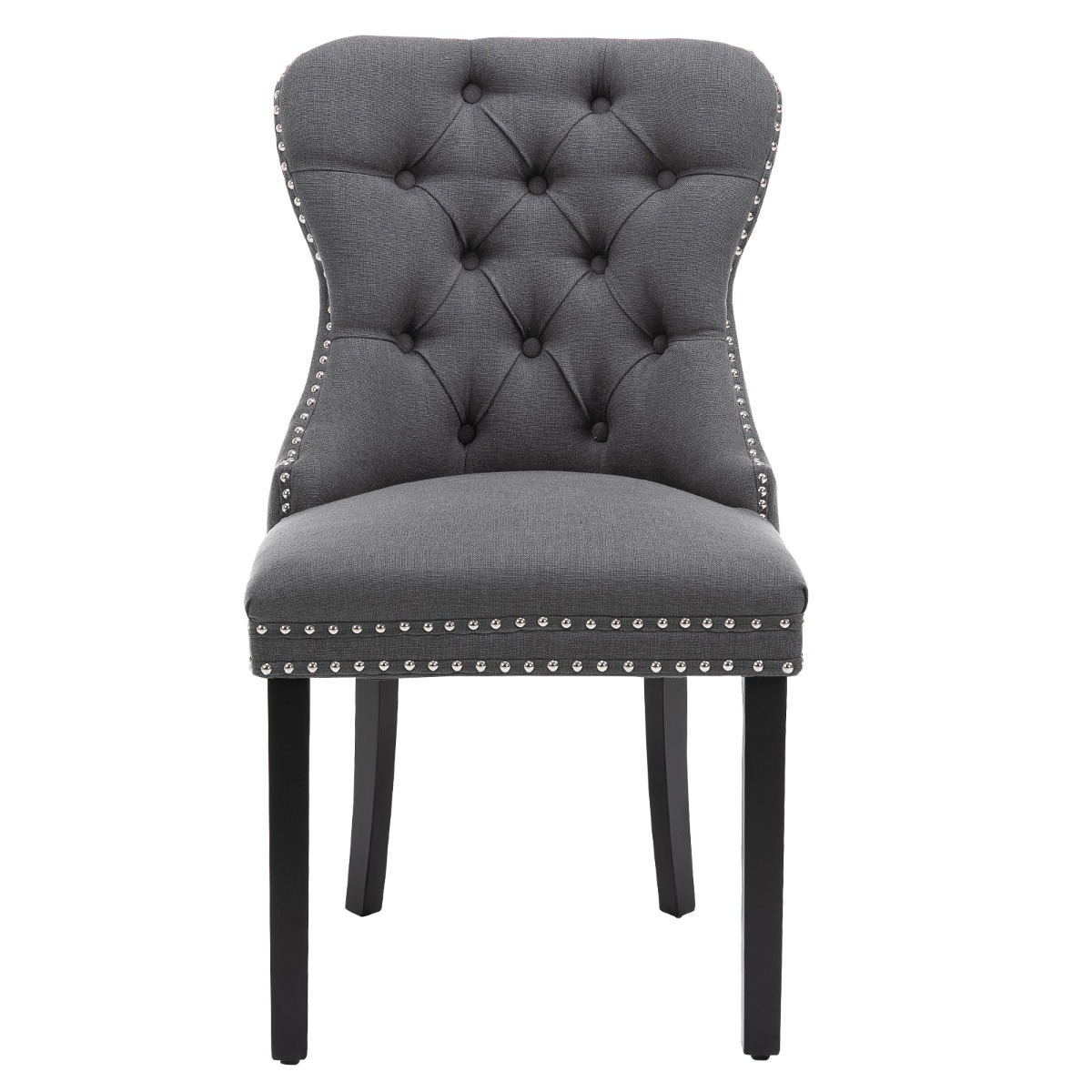 Set of 2 Fabric Dining Chairs Upholstered Tufted Back Studs Dark Grey