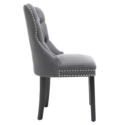 Set of 2 Fabric Dining Chairs Upholstered Tufted Back Studs Dark Grey