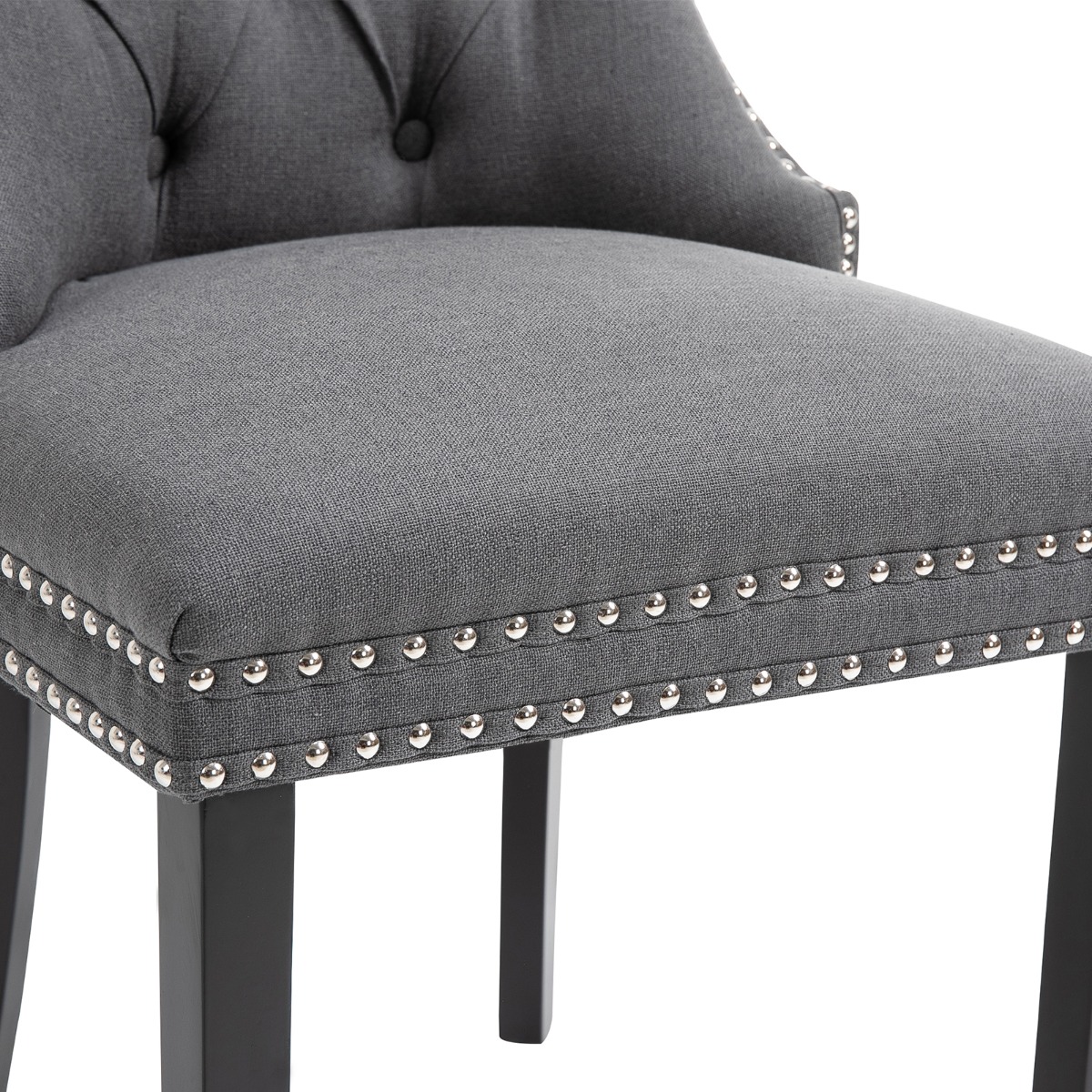 Set of 2 Fabric Dining Chairs Upholstered Tufted Back Studs Dark Grey