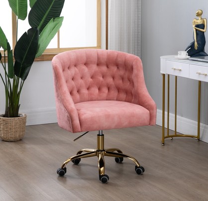 Velvet Upholstered Tufted Office Chair Gold Base-Pink