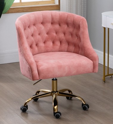 Velvet Upholstered Tufted Office Chair Gold Base-Pink