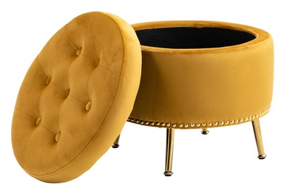 Small Mustard Yellow Fabric Storage Ottoman Tufted Foot Stool Studs and Rings