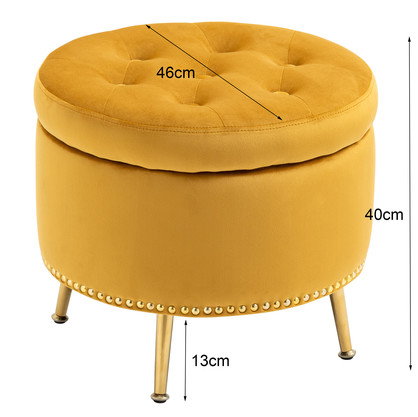 Small Mustard Yellow Fabric Storage Ottoman Tufted Foot Stool Studs and Rings