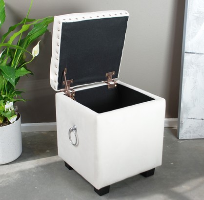 Small Cubix Beige Fabric Storage Ottoman Tufted Foot Stool Studs and Rings