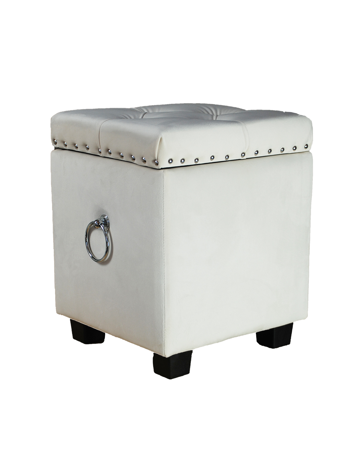 Small Cubix Beige Fabric Storage Ottoman Tufted Foot Stool Studs and Rings
