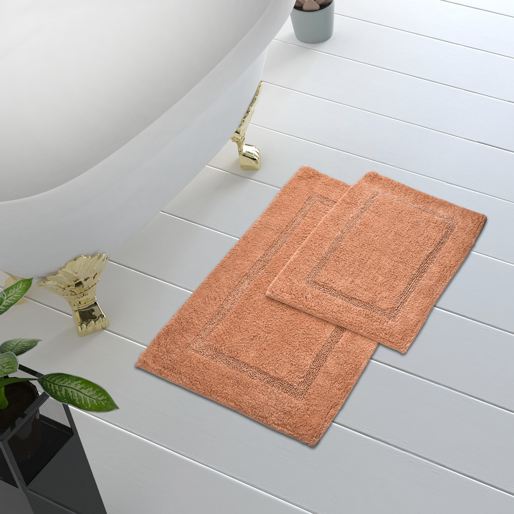Tufted Bath Mat 2pc set Dusky Coral Race Track 100% Cotton 17"X24"/21"X34"