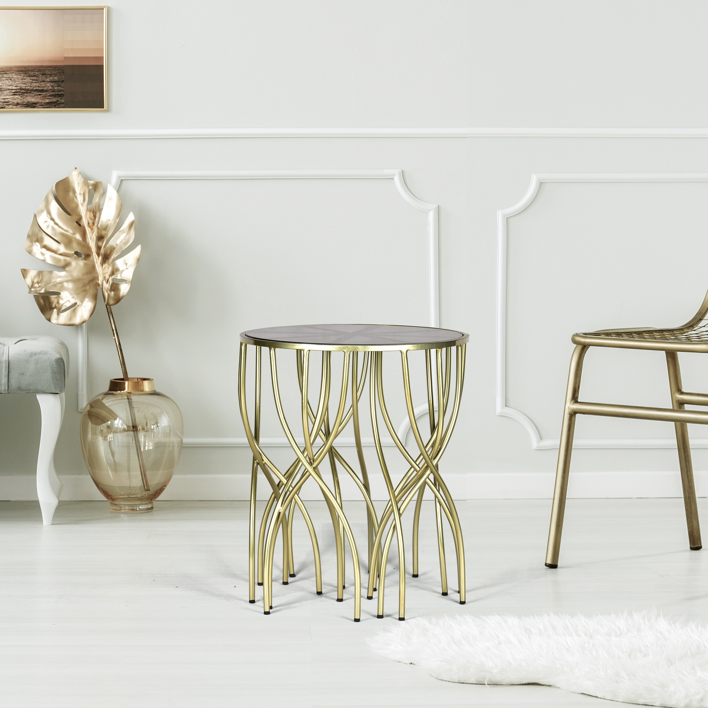 Spitiko Homes  Round Octopus Side Table Gold & Clear Glass/20 x 20 x 23