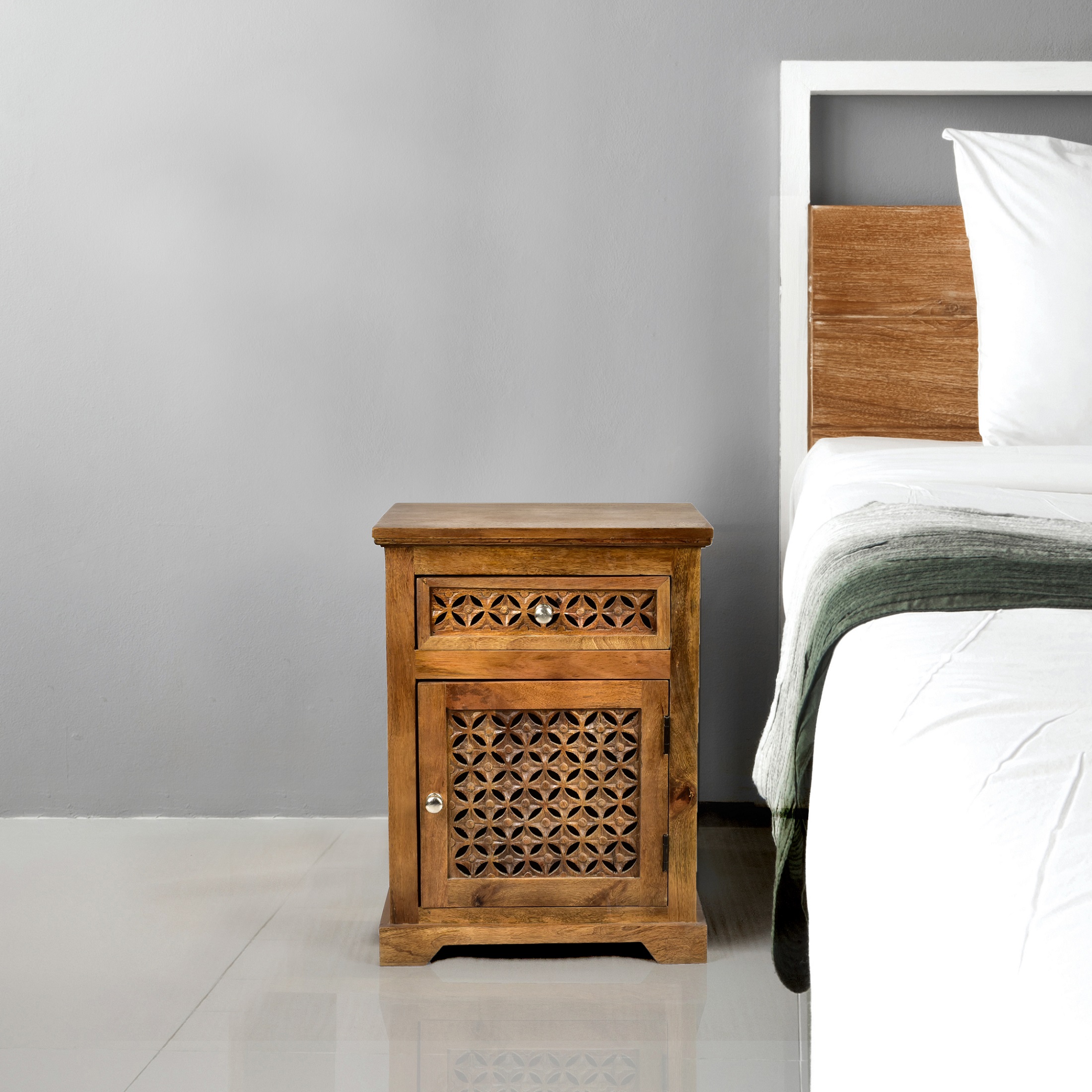 Spitiko Homes Solid wood Carving bedside table Natural  18 x 14 x 24