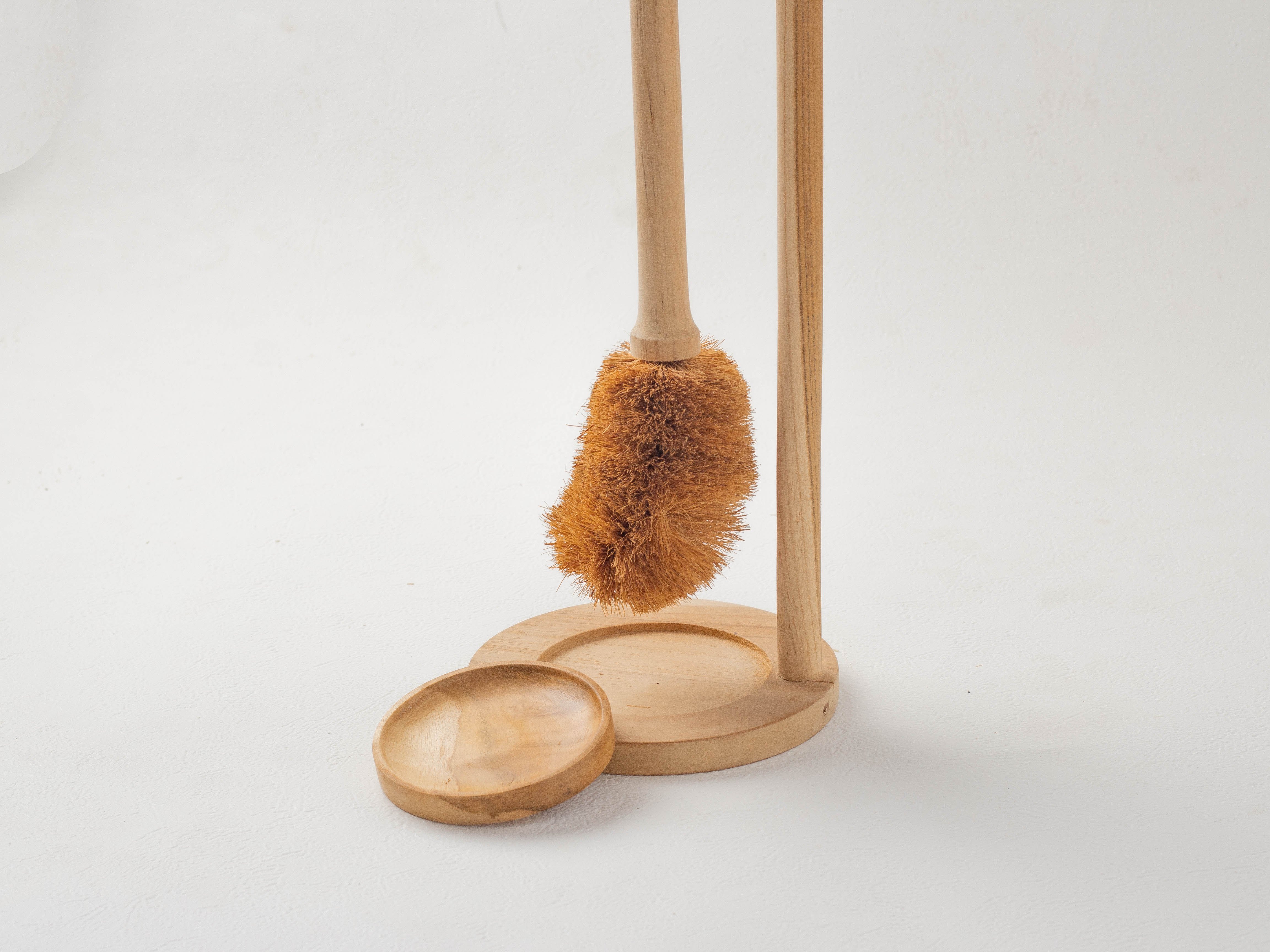 Teak Wooden Toilet Brush with Stand & Bowl
