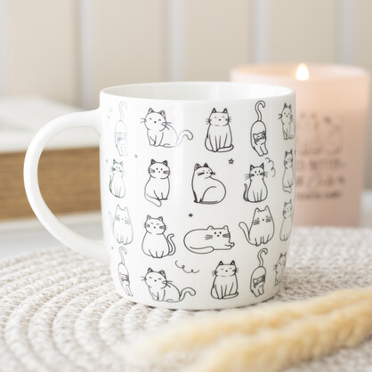 White Happy Cat Print Ceramic Mug