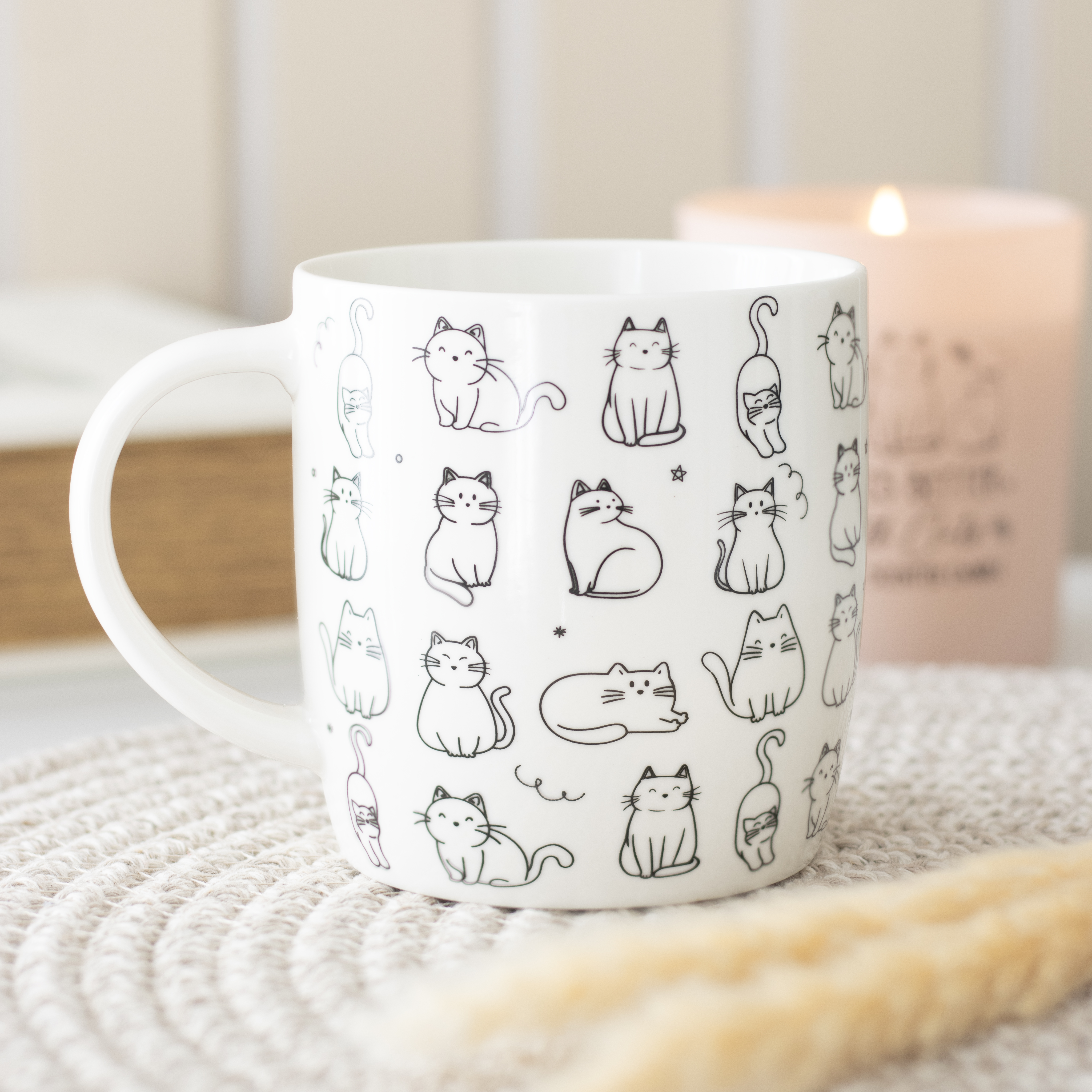 White Happy Cat Print Ceramic Mug