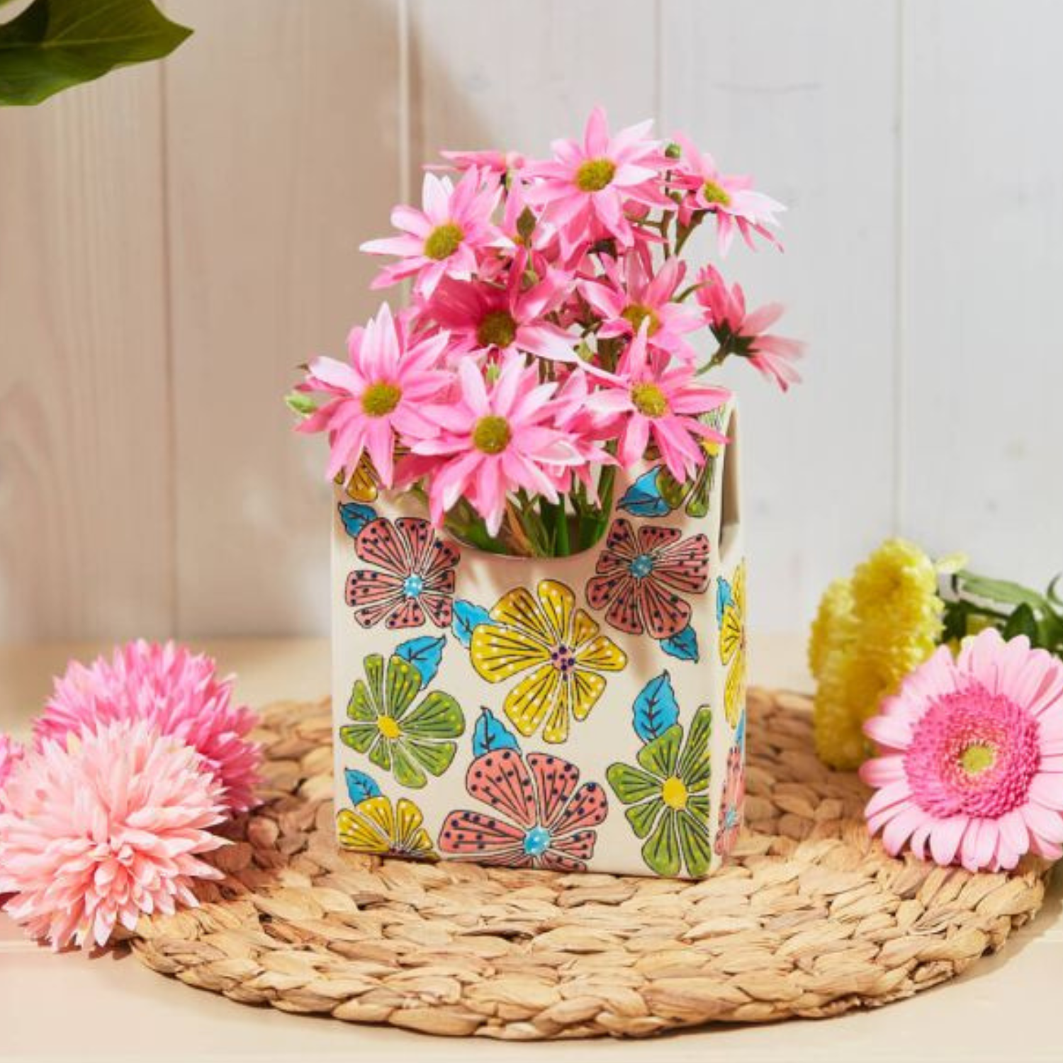 Bright floral handbag shape vase