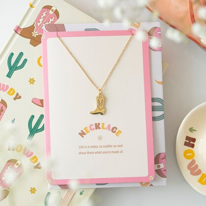 Pink Cowboy boot necklace with card