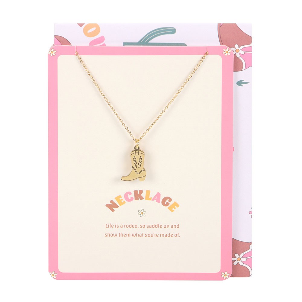 Pink Cowboy boot necklace with card