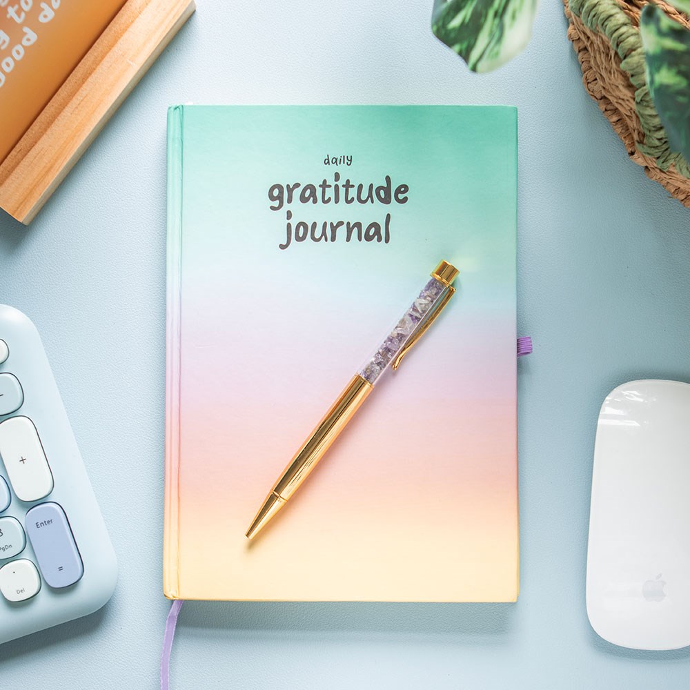 Mindful Moments gratitude journal with amethyst pen