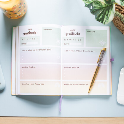 Mindful Moments gratitude journal with amethyst pen