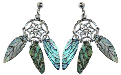 E1785 DREAM CATCHER PAUA SHELL FEATHERS EARRINGS
