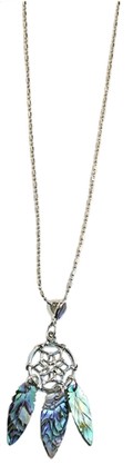 P6318 DREAM CATCHER PAUA SHELL FEATHERS NECKLACE