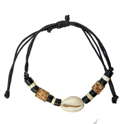 BR6952   COWRIE SHELL & BLACK COCO BEAD ADJUSTABLE BRACELET