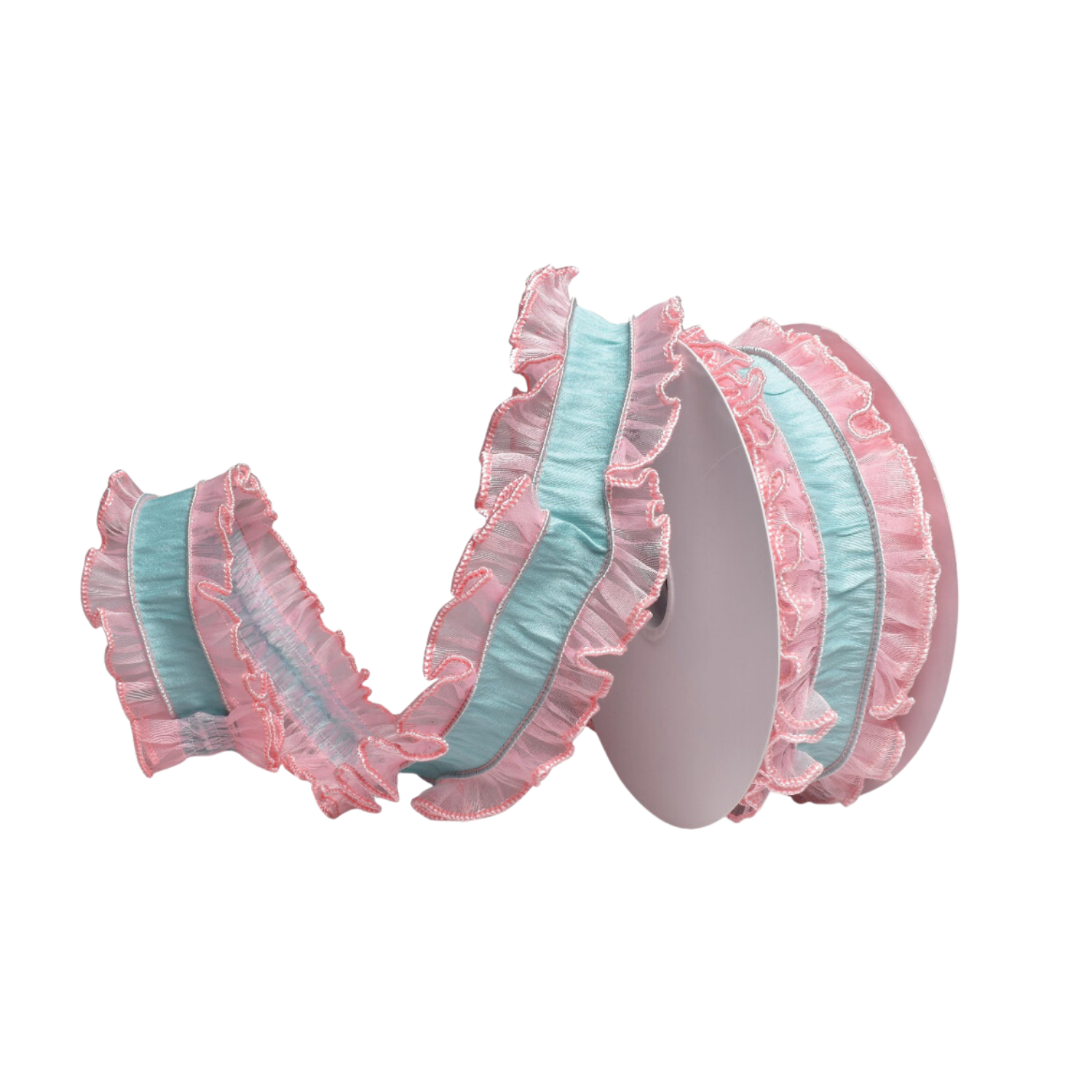 ROM065   64mm Mint With Pink Ruffle Ribbon