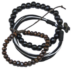 B1087 BROWN, BLACK BEAD WITH WHITE, BLACK CORD BRACELET