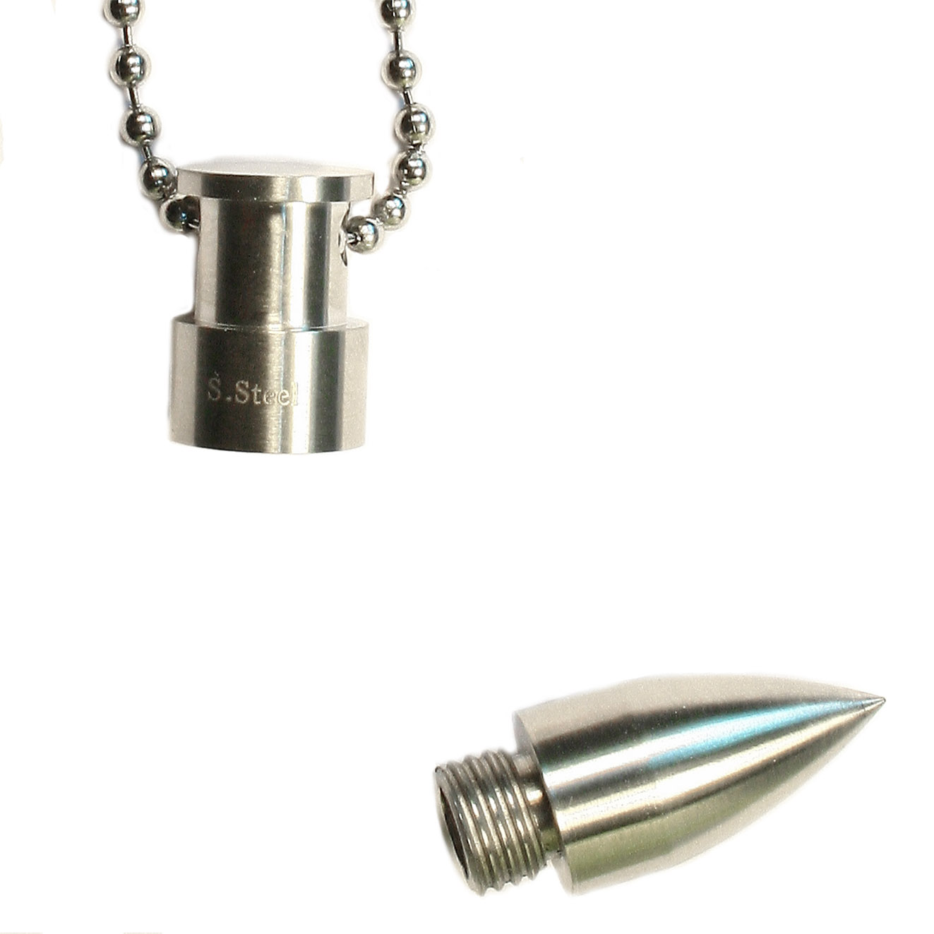 P5891 STAINLESS STEEL BULLET THAT OPENS W/ BALL CHAIN