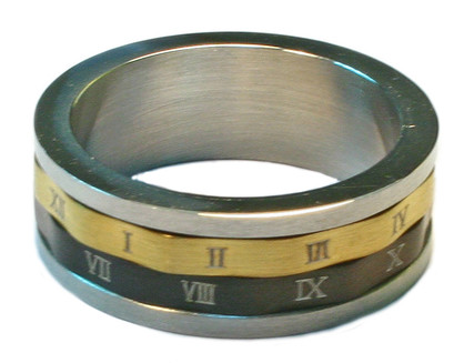 MR284XL STAINLESS STEEL ROMAN NUMERALS SPINNING 3 TONE RING - MENS XL
