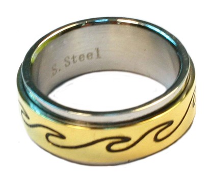 MR286L STAINLESS STEEL/GOLD FINISH SPINNING WAVE RING - MENS LARGE