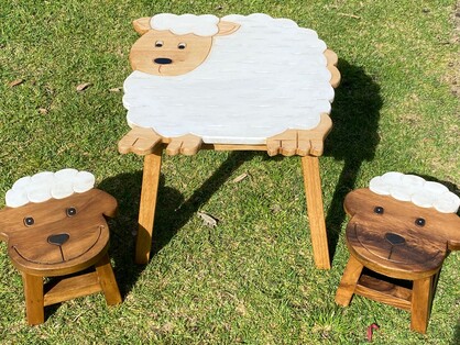 Children’s wooden table and chair stools set Shaun the Sheep theme