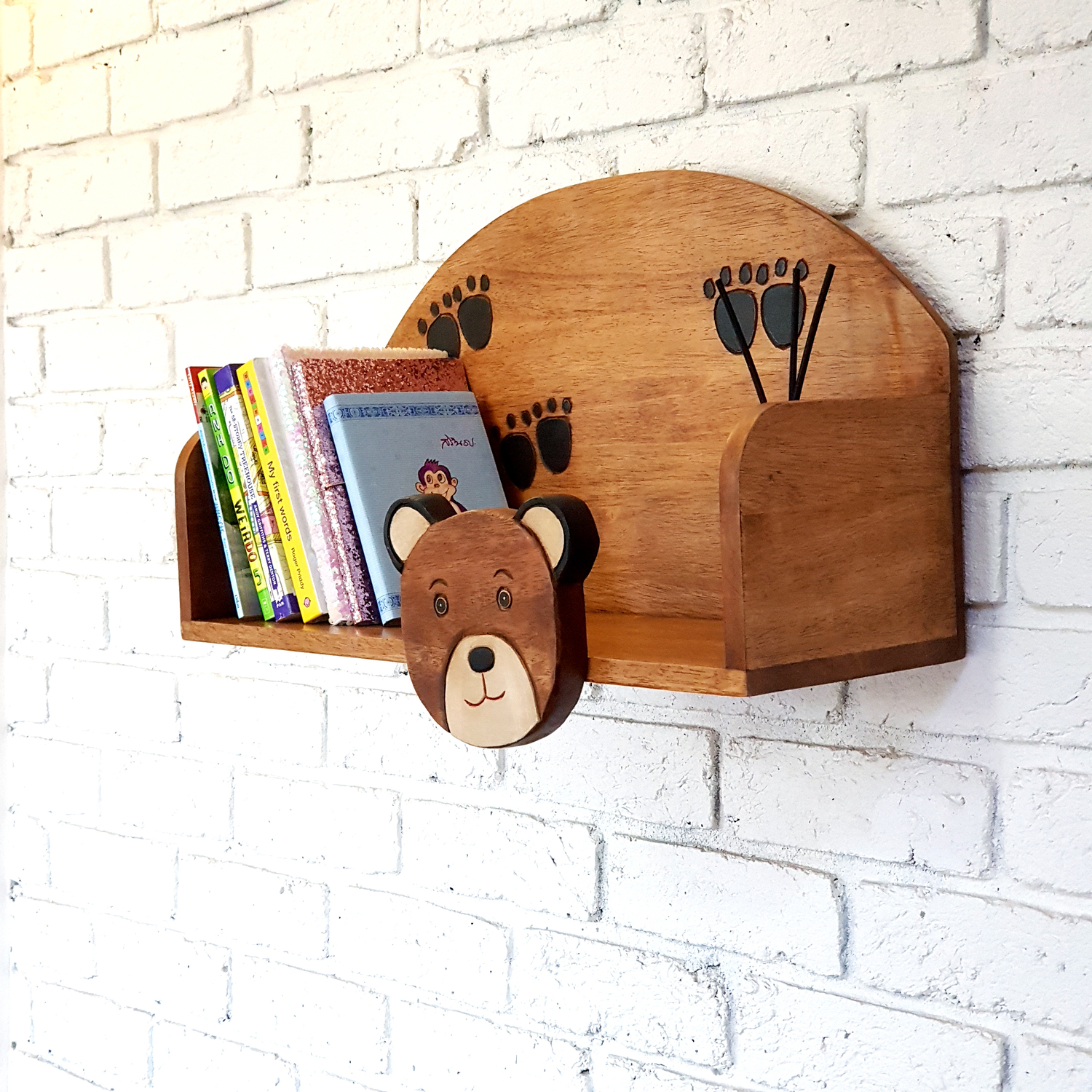 Children's book shelf Bear theme for children's room with mounting hooks