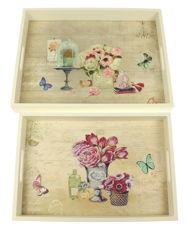 TW0120 TRAY FLOWERS : SET OF 2 trays flower butterfl