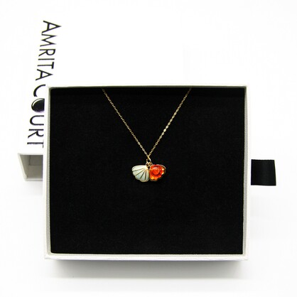 Gift Gox - Aroma Necklace 925 Silver, Gold coated - Green Shell Sunset Coral (Bright Red Orange) + Purify