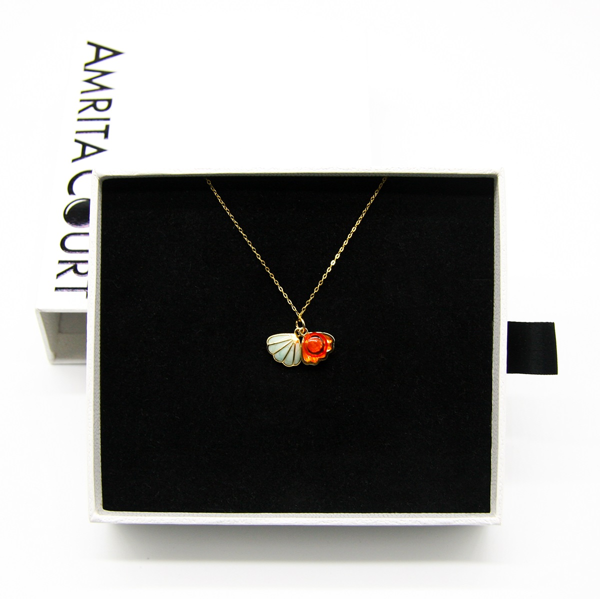 Gift Gox - Aroma Necklace 925 Silver, Gold coated - Green Shell Sunset Coral (Bright Red Orange) + Purify