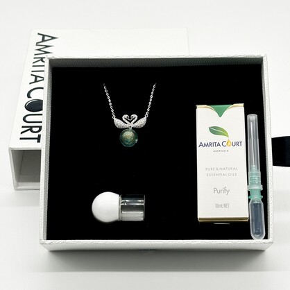 Gift Box - Sterling Silver Twin Swan Aroma Necklace - Aqua + Purify Essential Oil Blend | Aroma Jewelry Gift Set