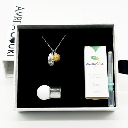 Gift Box - Sterling Silver Leave Aroma Necklace - Yellow +Purify Essential Oil Blend | Aroma Jewlery Gift Set