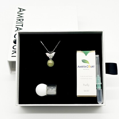 Gift Box - Sterling Silver Diamond Butterfly Aroma Necklace - Green + Purify Essential Oil Blend | Aroma Jewelry Gift Set