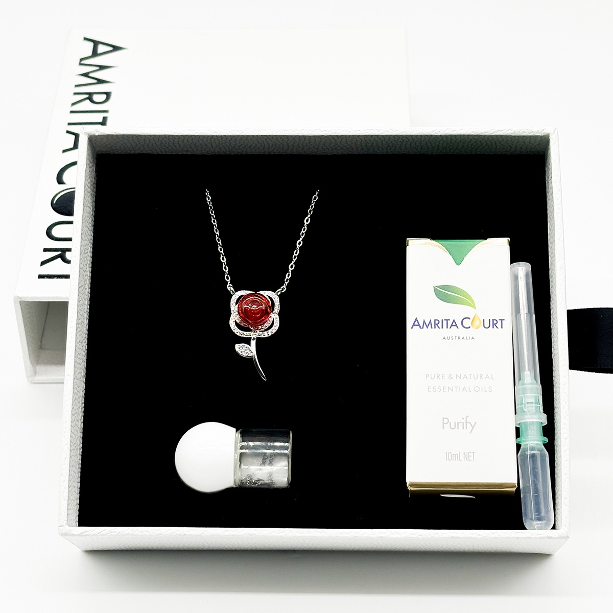 Gift Box - Sterling Silver Rose Garden Aroma Necklace - Crimson + Purify Essential Oil Blend | Aroma Jewelry Gift Set