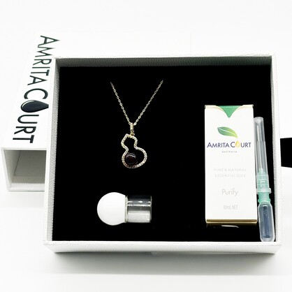 Gift Box - Golden Gourd Aroma Necklace - Amethyst + Purify Essential Oil Blend | Aroma Jewelry Gift Set