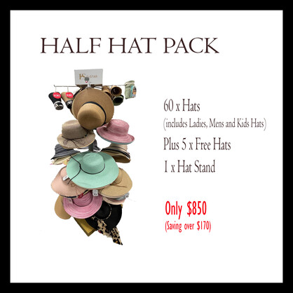 Half Hat Pack 60 Hats (Includes Ladies, Mens & Kids) PLUS 5 Free Hats -1 x Hat Stand -   ONLY $850 (Save over $170)