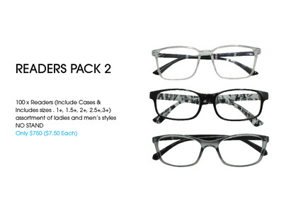 READERS PACK 2 100 x Readers (Include Cases & Includes sizes . 1+, 1.5+, 2+, 2.5+,3+) assortment of ladies and men’s styles NO STAND