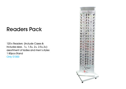 READERS PACK 3 120 x Readers  (Include Cases & Includes sizes . 1+, 1.5+, 2+, 2.5+,3+) assortment of ladies and men’s styles  1 80pcs Stand