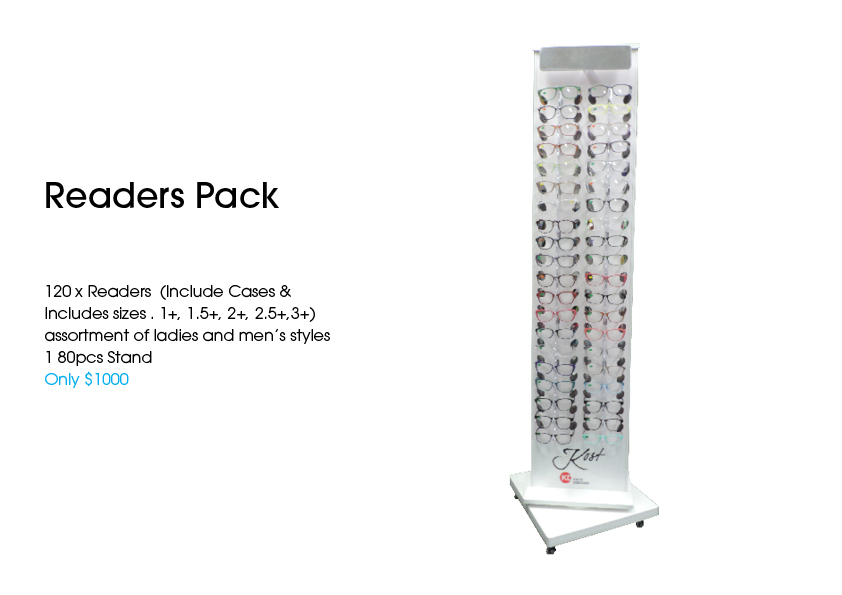 READERS PACK 3 120 x Readers (Include Cases & Includes sizes . 1+, 1.5+, 2+, 2.5+,3+) assortment of ladies and men’s styles 1 80pcs Stand