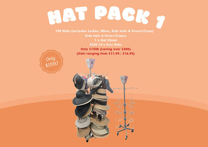 HAT PACK 1 100 Hats (includes Ladies, Mens, Kids hats & Visors/Caps) 1 x Hat Stand PLUS 10 x Free Hats
