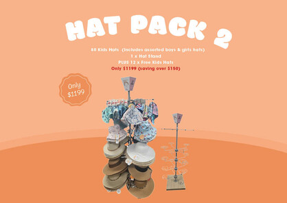 HAT PACK 2 80 Kids Hats (Includes assorted boys & girls hats) 1 x Hat Stand PLUS 12 x Free Kids Hats