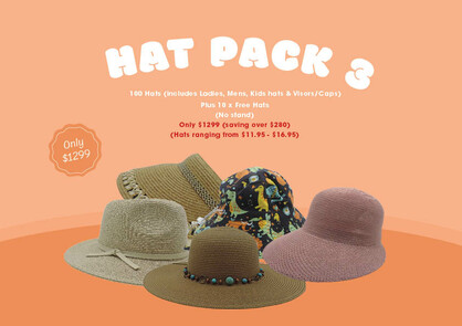 HAT PACK 3 100 Hats (includes Ladies, Mens, Kids hats & Visors/Caps) Plus 10 x Free Hats (No stand)