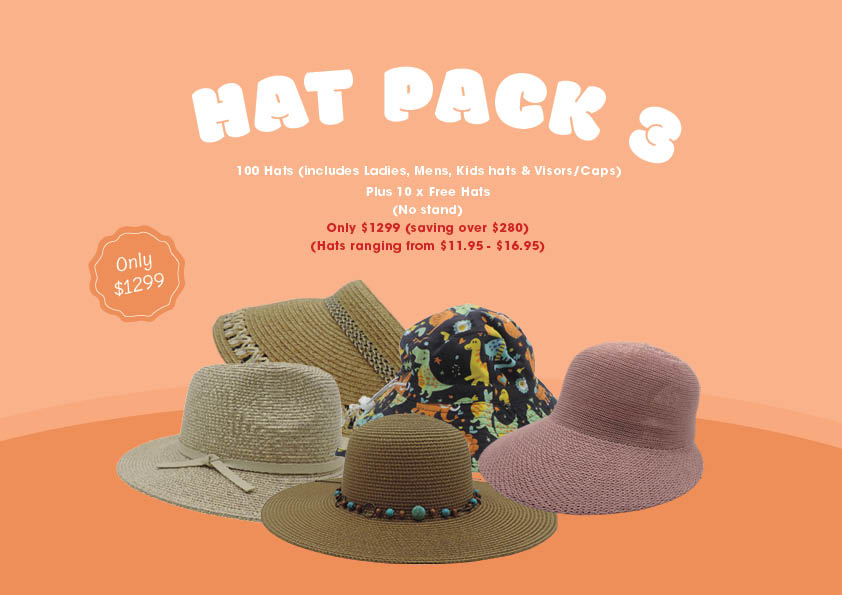 HAT PACK 3 100 Hats (includes Ladies, Mens, Kids hats & Visors/Caps) Plus 10 x Free Hats (No stand)