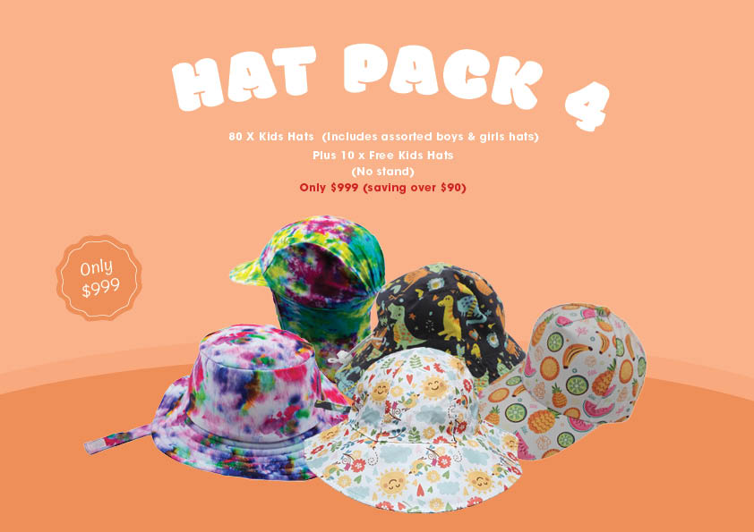 HAT PACK 4 80 X Kids Hats (Includes assorted boys & girls hats) Plus 10 x Free Kids Hats (No stand)