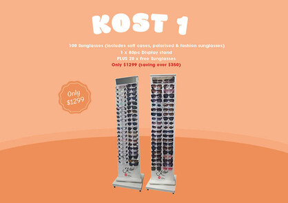 SUNNIES KOST PACK 1 100 Sunglasses (includes soft cases, polarised & fashion sunglasses) 1 x 80pc Display stand PLUS 20 x Free Sunglasses