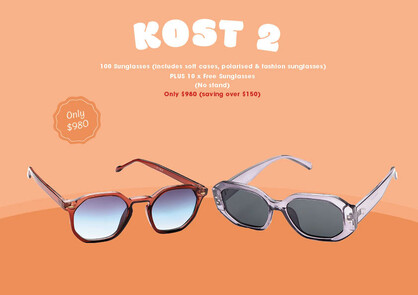 SUNNIES KOST PACK 2 100 Sunglasses (includes soft cases, polarised & fashion sunglasses) PLUS 10 x Free Sunglasses (No stand)
