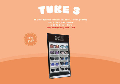 TUKE PACK 3 36 x Tuke Eyewear (includes soft cases, cleaning cloths) Plus 6 x FREE Tuke Eyewear 1 x 20 Pc Counter Stand